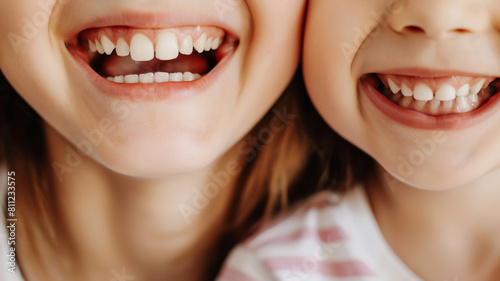 Close-up of two children smiling  showing their teeth  radiating happiness and joy.
