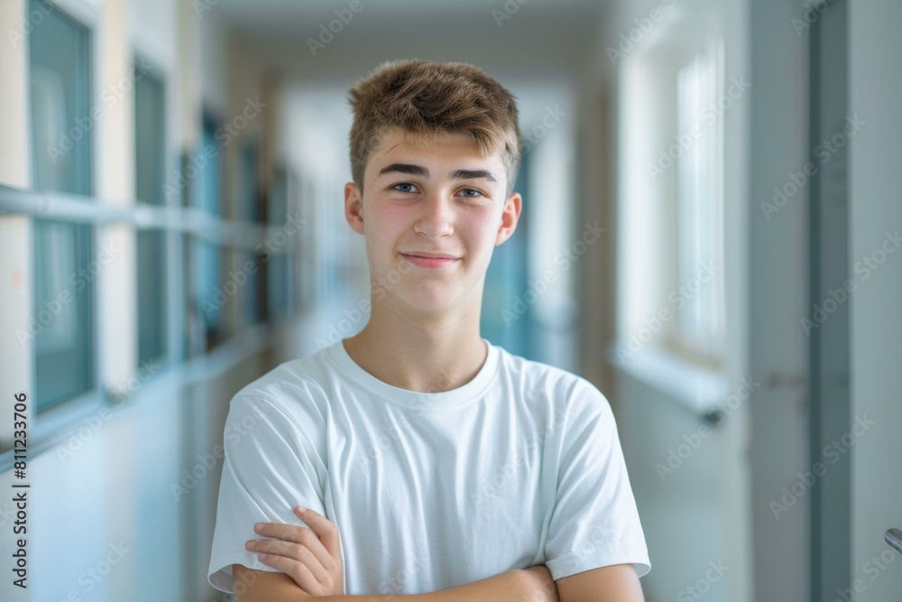 Confident young male student smiling in university corridor, arms crossed, bright and modern setting. Confident young male student smiling in university corridor, arms crossed, bright and modern setting.
