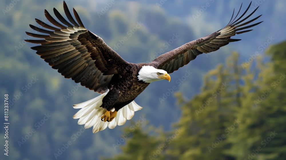 Naklejka premium A mighty bald eagle flying through the sky