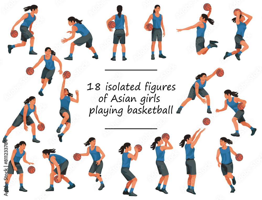 18 of Thai or Japan girls playing women's basketball in blue jersey standing with ball, running, jumping, throwing, shooting, dunking, passing