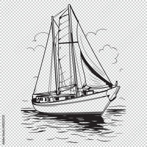 Flat sailboat line art design, black vector illustration on transparent background
