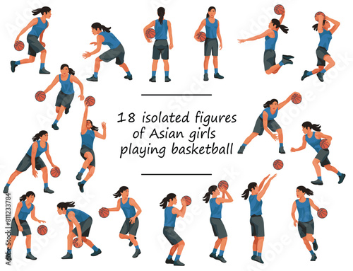 18 of Thai or Japan girls playing women s basketball in blue jersey standing with ball  running  jumping  throwing  shooting  dunking  passing