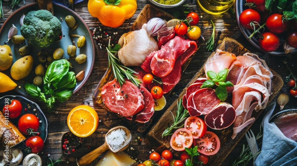 Variety organic meat products on the top view background Variety organic meat products on the top view background