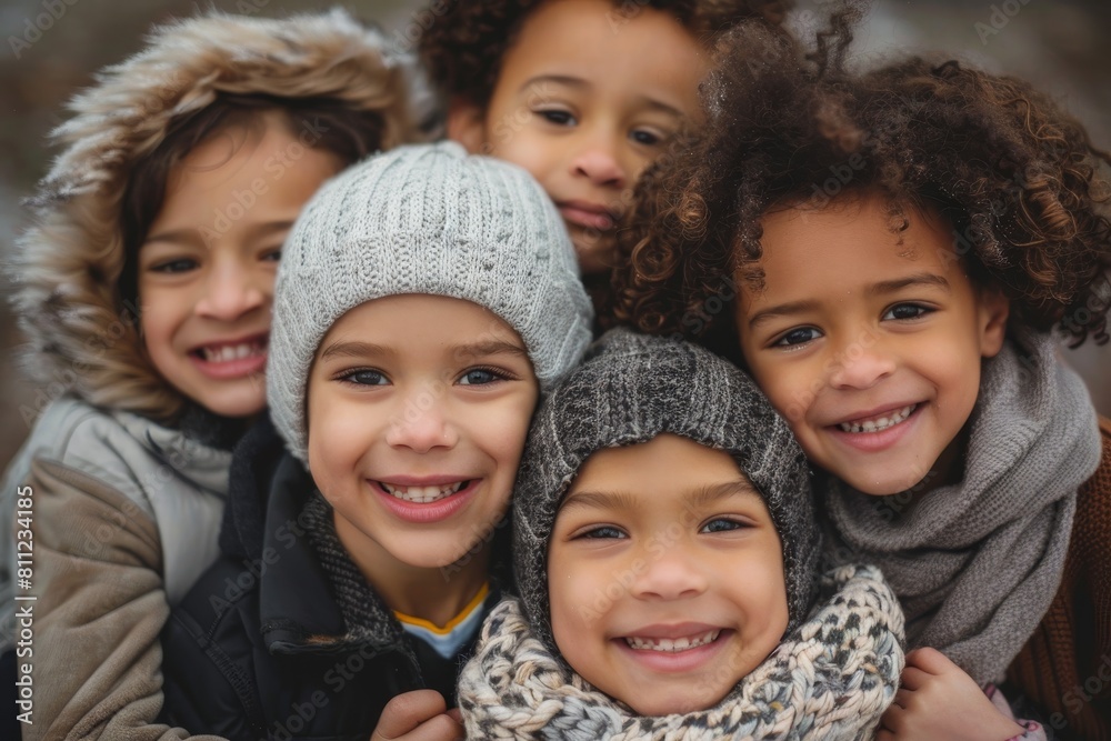 A group of young children, likely siblings, standing side by side in this family portrait, A group of siblings posing for a family portrait with big smiles A group of young children, likely siblings, standing side by side in this family portrait, A group of siblings posing for a family portrait with big smiles