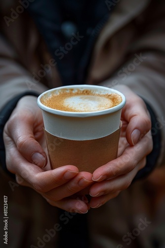 A person holding a cup of coffee with foam on top, AI