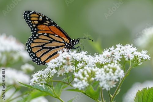 Wanderer Feeding on Boneset in Illinois Wilderness. Beautiful Monarch Butterfly on Common Boneset © Serhii