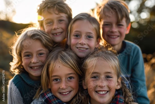 A group of siblings, young children, standing next to each other for a portrait, A group of siblings posing for a family portrait with big smiles