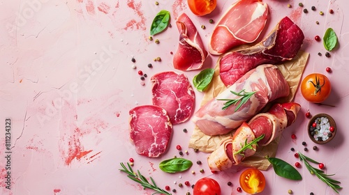 Variety organic meat products on the top view background