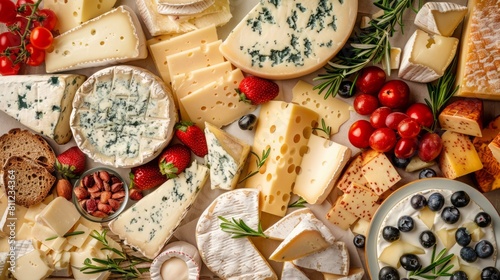 Top view variety organic dairy products and cheeses photo