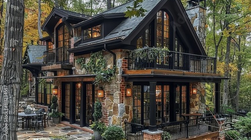 A small home in the woods, black steel windows and doors, brick wood details, elegant iron balcony on second floor, surrounded by trees, stone accents. Generative AI.