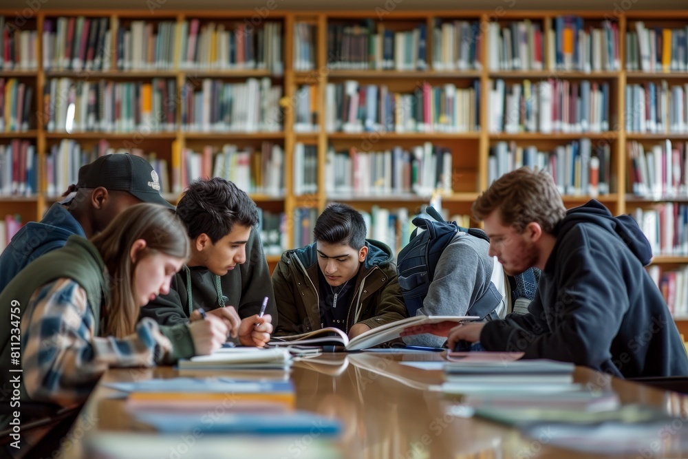 A group of students focused on studying together in a library setting, A group of students studying together in a library A group of students focused on studying together in a library setting, A group of students studying together in a library