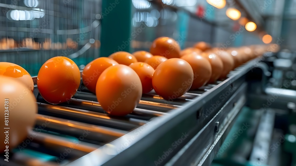 Chicken eggs on conveyor belt at poultry farm during production process