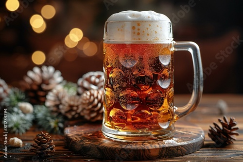 Mug of beer with foam on a wooden background with Christmas decorations photo