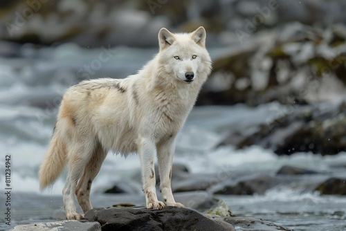 White wolf standing on a rock in the river   Wild animal