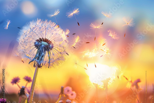 dandelion flower and seeds floating away over sunset view  summer background