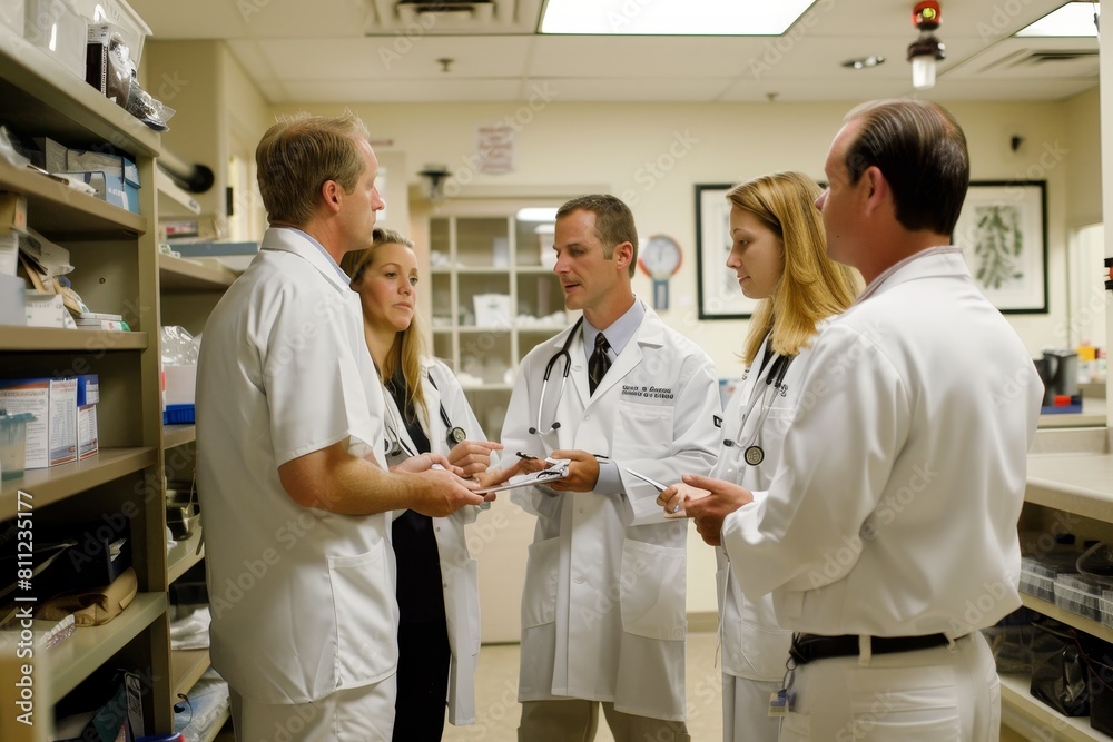 Obraz premium Group of veterinarians in white lab coats having a discussion about a treatment plan, A group of veterinarians discussing a treatment plan in a veterinary hospital