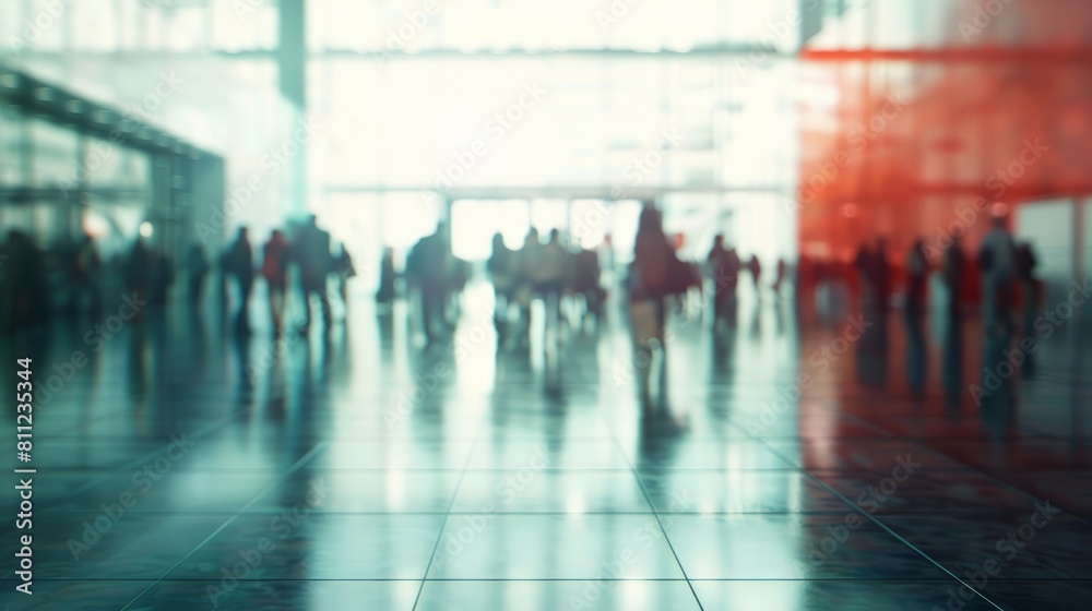 Background of an expo or convention with blurred individuals in an exposition hall. Concept image for a international exhibition, conference center, corporate marketing, or event fair hyper realistic Background of an expo or convention with blurred individuals in an exposition hall. Concept image for a international exhibition, conference center, corporate marketing, or event fair hyper realistic