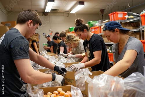 A group of people standing around, organizing and packing boxes of food for distribution, A group of volunteers packing bags of food for distribution