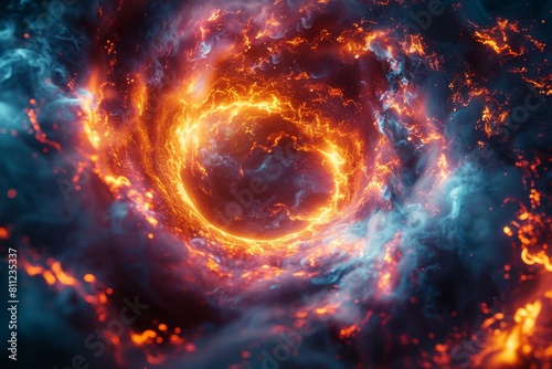 A fiery abstract image of a space vortex with swirling red and orange hues, expressing intense heat and movement