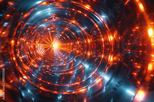 A digital art piece showing a bright red tunnel with intense neon lights leading towards a glowing center Represents speed and motion