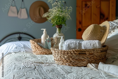 A bed in a guest room with a basket placed on top, A guest room with a comfy bed and a basket of toiletries for visitors to feel at home