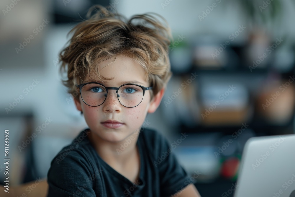 Close-up of a little boy wearing glasses sitting at table with open laptop. Diligent kid learns basics of computer coding. Cute child dreams of becoming a programmer. Online education, IT lessons. Close-up of a little boy wearing glasses sitting at table with open laptop. Diligent kid learns basics of computer coding. Cute child dreams of becoming a programmer. Online education, IT lessons.
