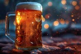 Mug of beer on the background of snow and bokeh