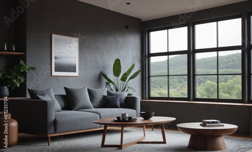 Interior of light living room with grey sofa  wooden coffee table and big window