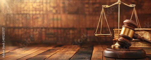 Sleek presentation slide background featuring stylized icons of law rulebooks, golden balance scales, and a wooden judges gavel