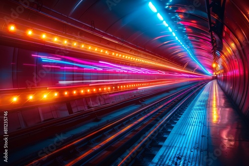 A vibrant tunnel bustling with dynamic colors and lights creates a futuristic transit pathway