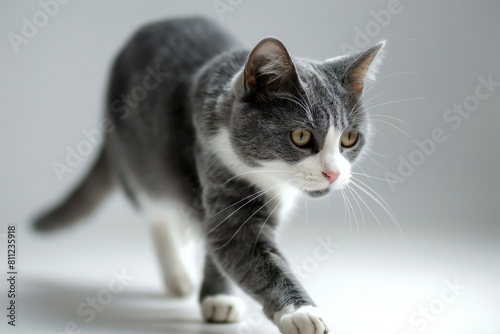Gray and white cat on a white background, Shallow depth of field