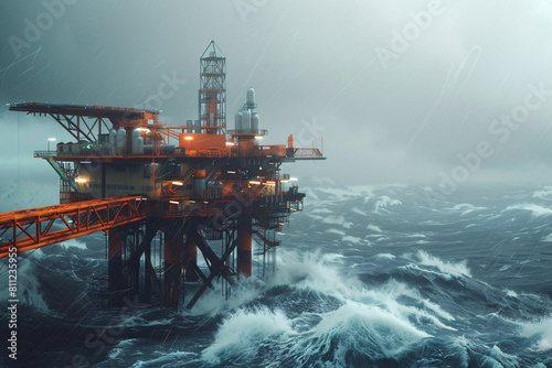 Big red oil derrick in the stormy ocean © Di Studio