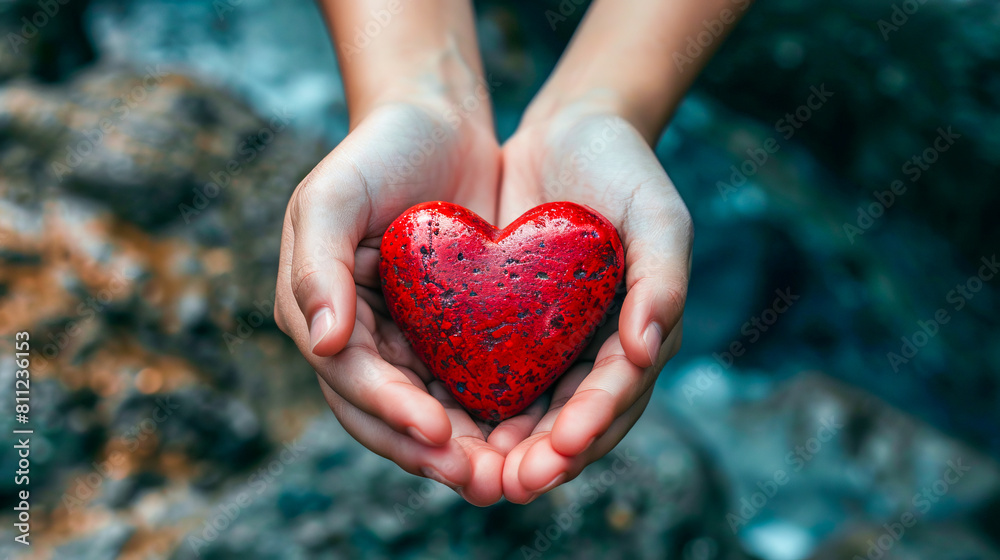 A person holding a red heart in their hands. A person holding a red heart in their hands.