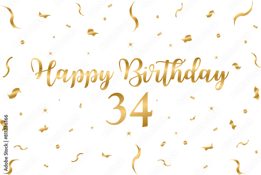happy birthday 34 gold style - birthday graphic, confeti, banner, background, tv wallpaper, gold, white