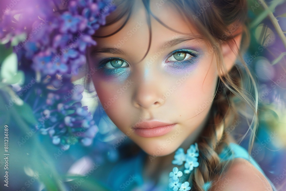 Portrait of a beautiful little girl with a bouquet of lilacs Stock ...