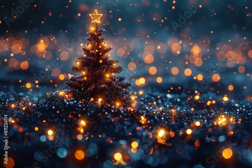 An enchanting Christmas tree is surrounded by a sea of golden bokeh lights  giving a magical holiday atmosphere