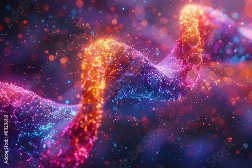 This image features a bright and vibrant abstract digital representation of DNA strands against a bokeh background