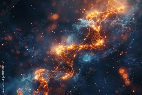 A visually striking abstract image showcasing a fiery orange DNA helix floating amidst a dark, cosmic backdrop