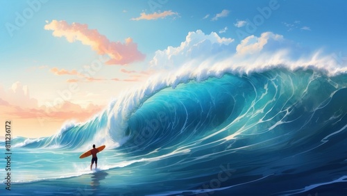 A surfer swims toward a huge wave. Concept of summer.