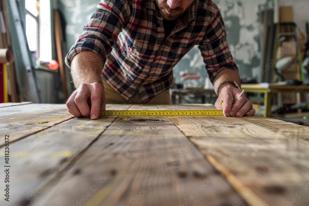 A man measuring the width of a wooden table using a tape measure, A handyman measuring wood with a tape measure for a custom project A man measuring the width of a wooden table using a tape measure, A handyman measuring wood with a tape measure for a custom project