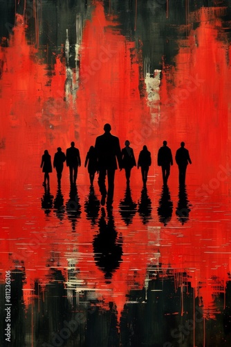 A group of people walking in a red and black painting  AI