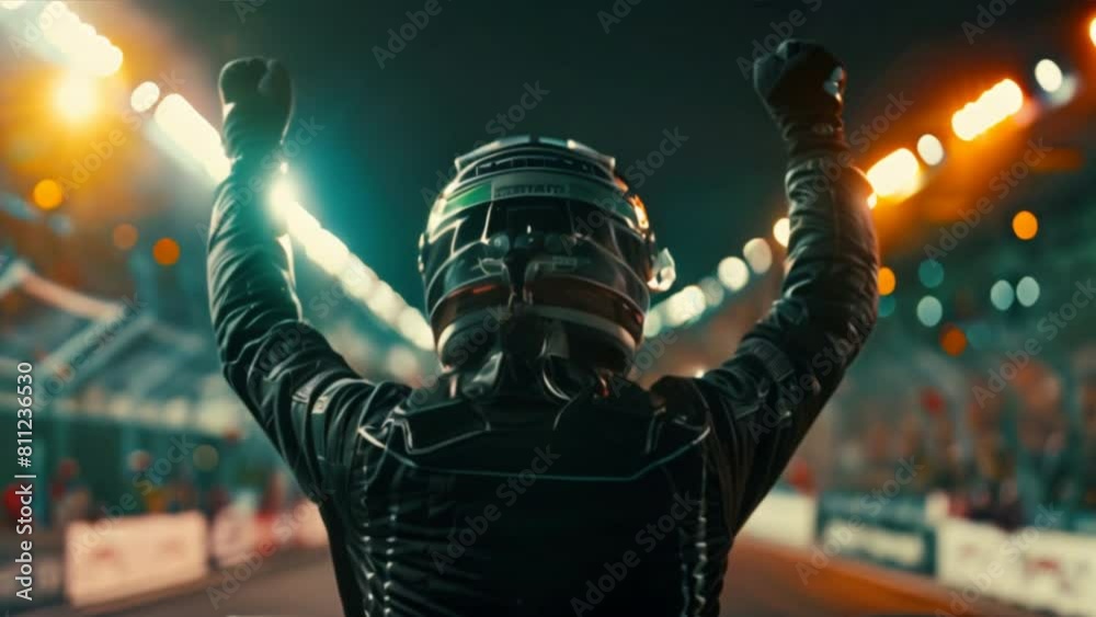 Silhouette of a racing driver celebrating victory in a race against bright lights in a stadium.