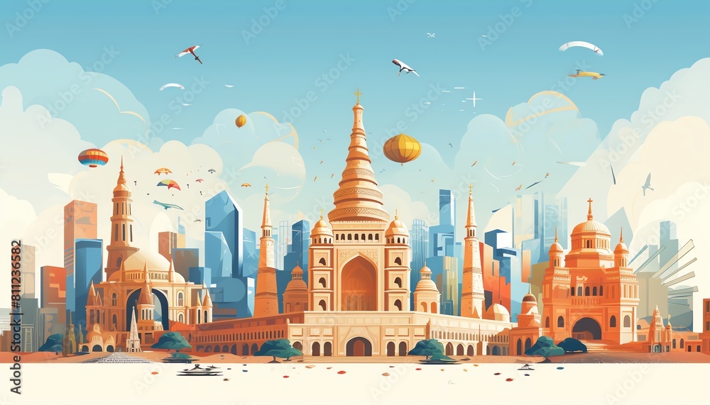 Naklejka premium Iconic landmarks focus flat design top view travel theme cartoon drawing Complementary Color Scheme