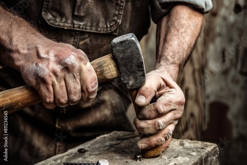 A man grips a hammer tightly in his hands, ready to fix a loose nail, A handyman using a hammer to fix a loose nail
