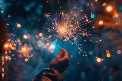 Hand holding sparkler outdoors at night, bokeh background. Generative AI.