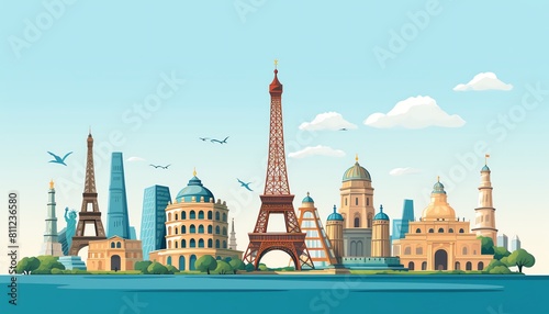 Iconic landmarks focus flat design top view travel theme cartoon drawing Complementary Color Scheme