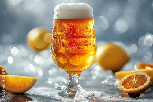 Glass of beer with ice and orange slices on a gray background