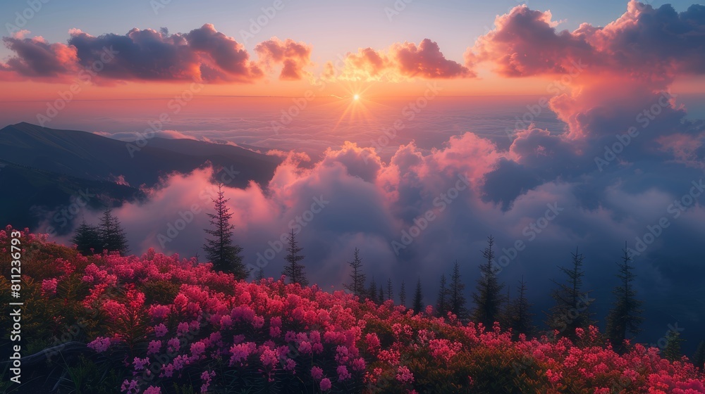 Breathtaking Sunrise Over Flower-Covered Mountains with Floating Clouds and Vibrant Sky