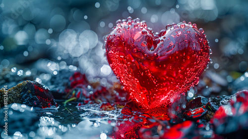 A red heart is dripping with water on the ground.