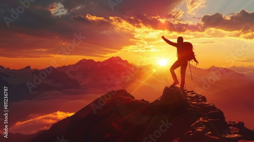 Happy tourist hiking in silhouette sunset mountains, lifestyle is success or freedom, and travel concept hyper realistic 